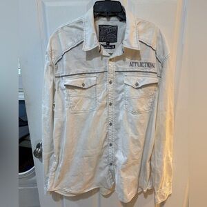 Affliction Lightweight Button up shirt w Embroidery See all pics! Some flaws!